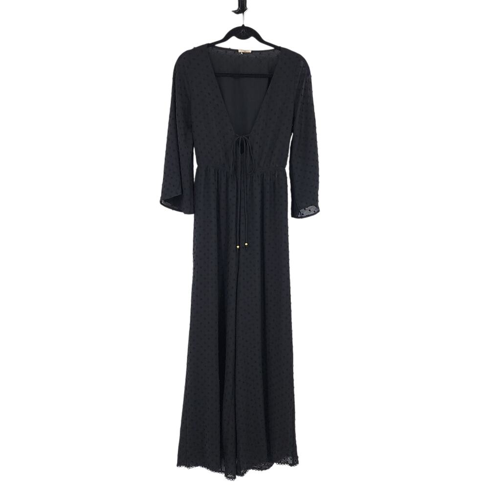 NWOT POL Black Swiss Dot V-neck Bell Sleeve Wide Leg Cutout Back Jumpsuit Size S